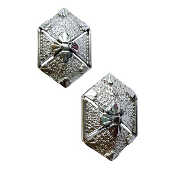 Vintage Coro Silver Tone Clip On Earrings Mid Century Geometric Starburst Design - Picture 2 of 9